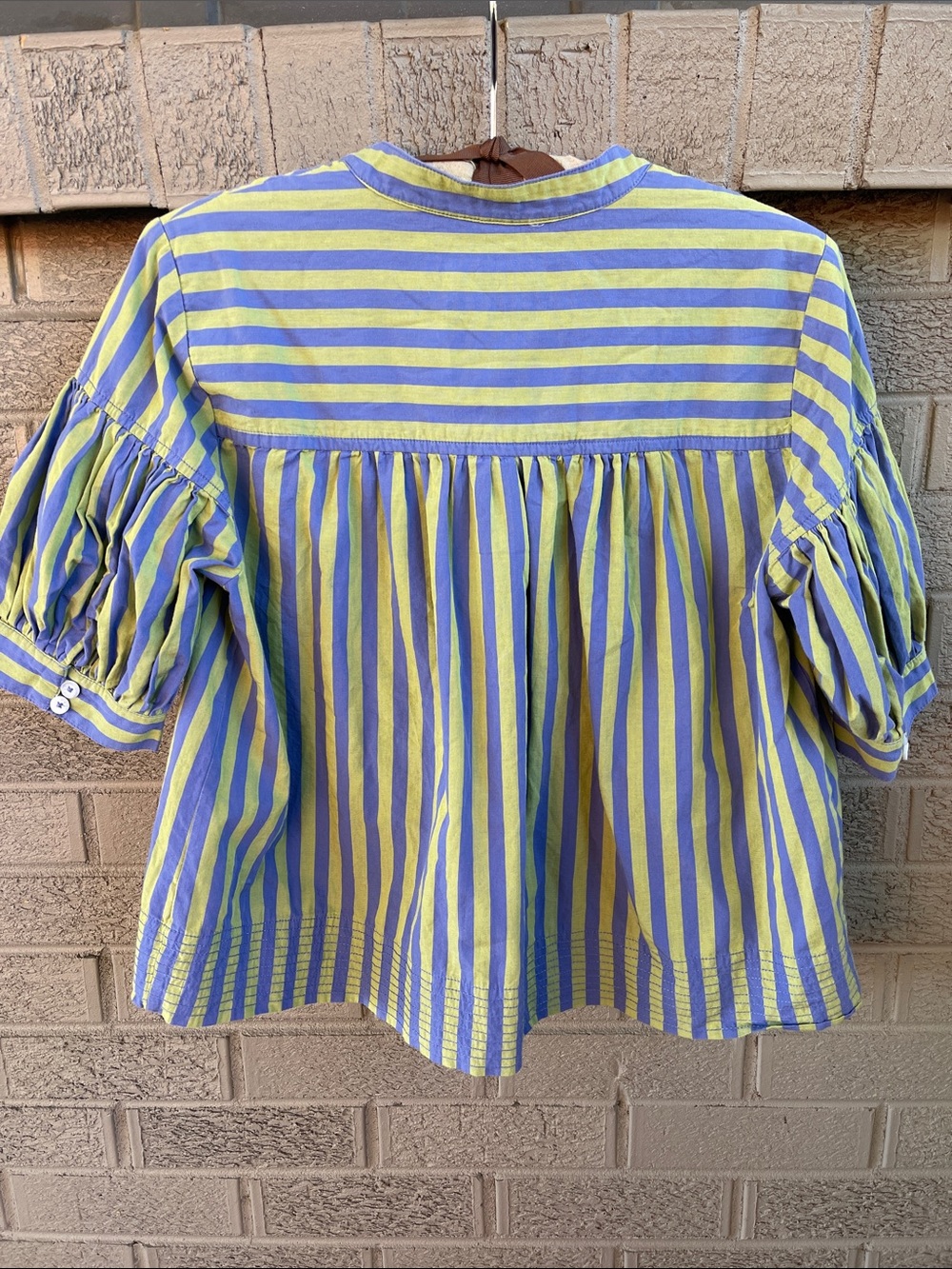 Anthropologie Darcey Striped Puff Sleeve Popover Top in Green/Blue- size MP - Picture 3 of 7